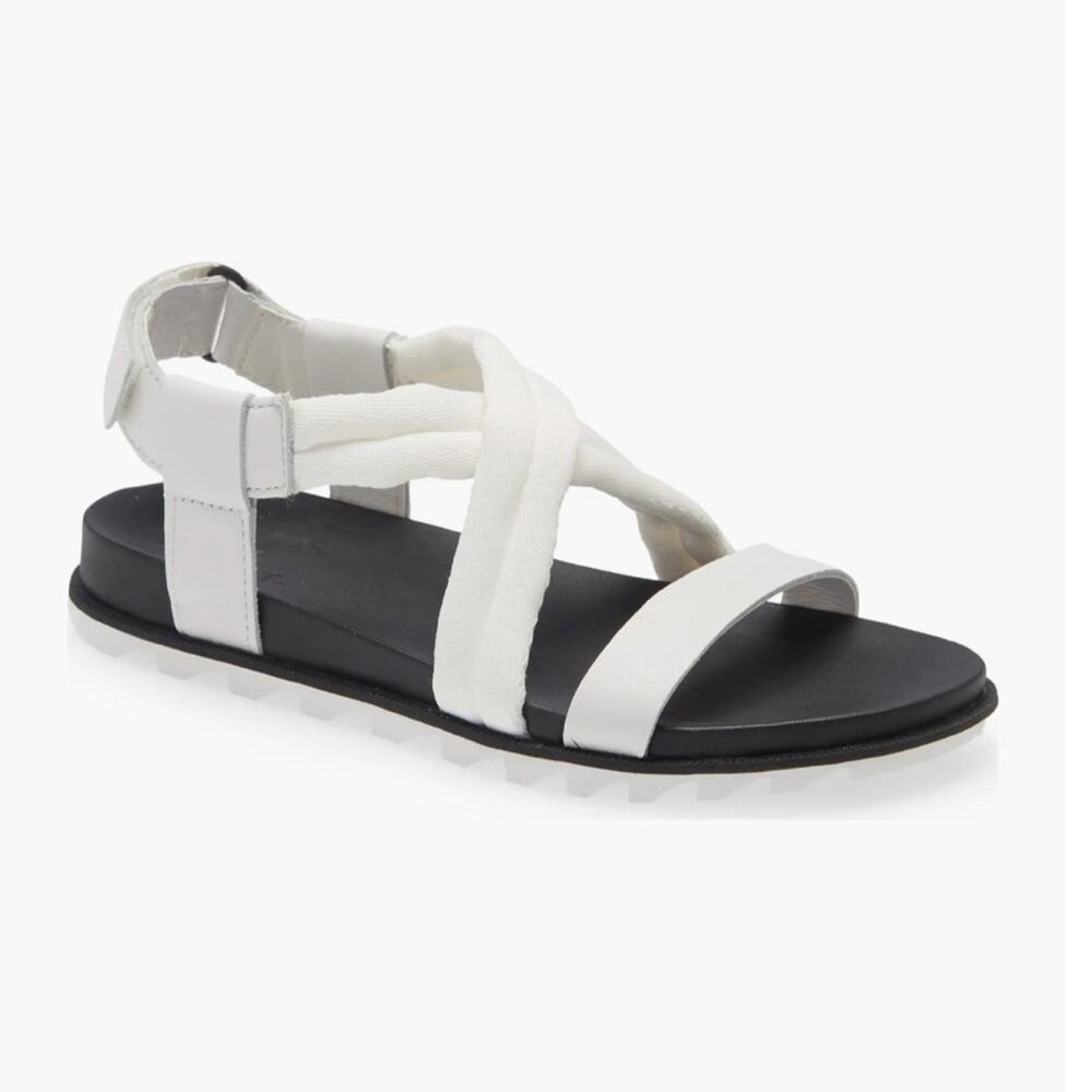 Sorel Roaming Women Flat Sandal Sz 9.5 White Fabric/Leather Adjustable Strap New